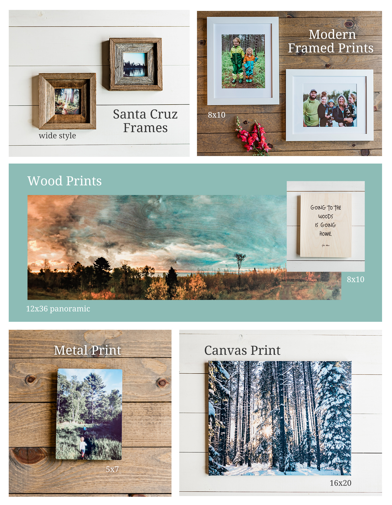 Product Assortment. Framed Prints, Santa Cruz Frames, Metal Prins, Canvas Prints, Wood Prints